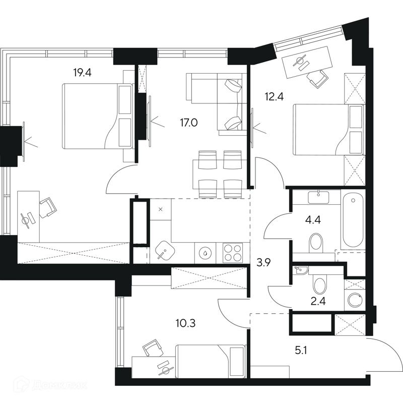 3-комнатная квартира 74.9 м² НЕКСУС от Аквилон