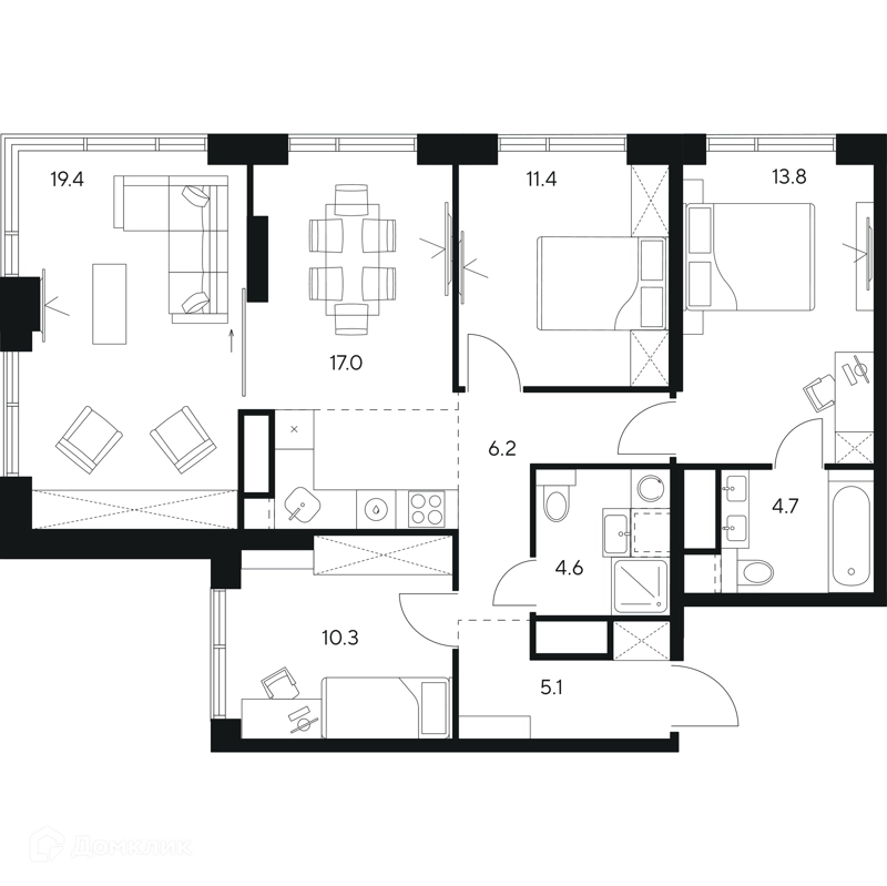 4-комнатная квартира 92.5 м² НЕКСУС от Аквилон