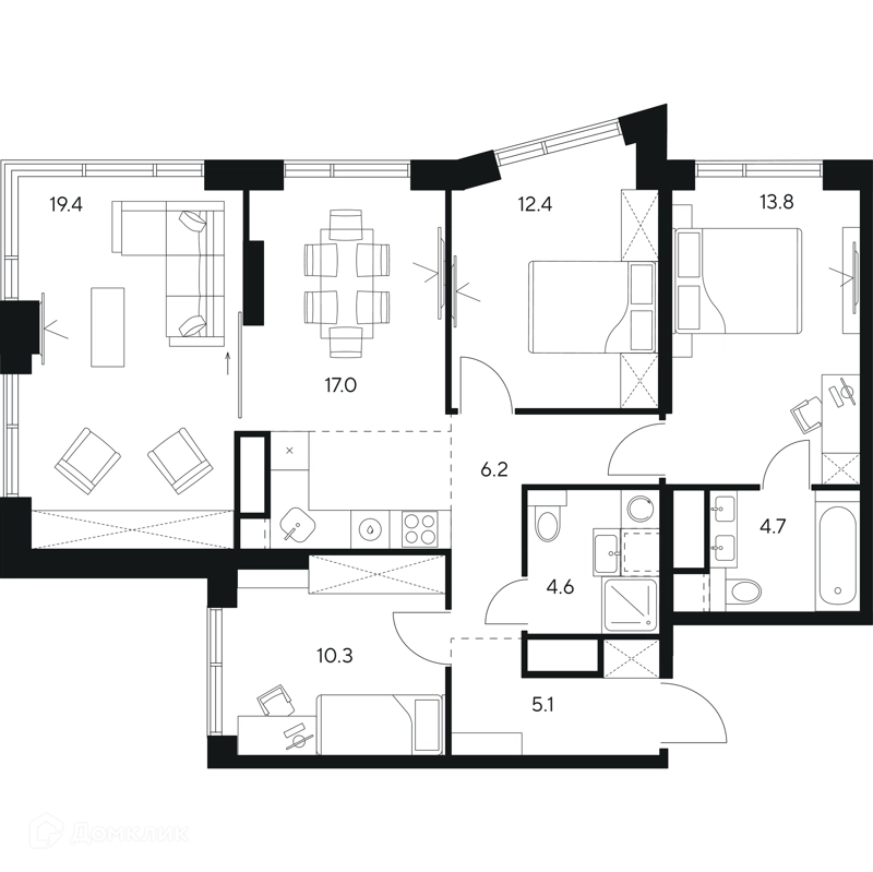 4-комнатная квартира 93.5 м² НЕКСУС от Аквилон
