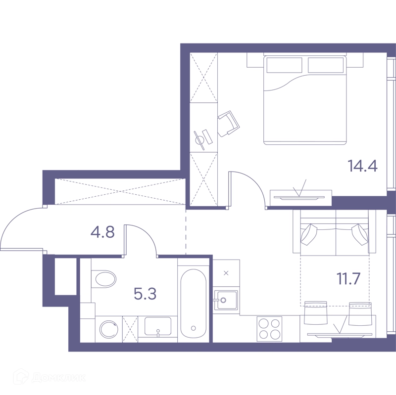 1-комнатная квартира 36.2 м² ЛОТ от Аквилон