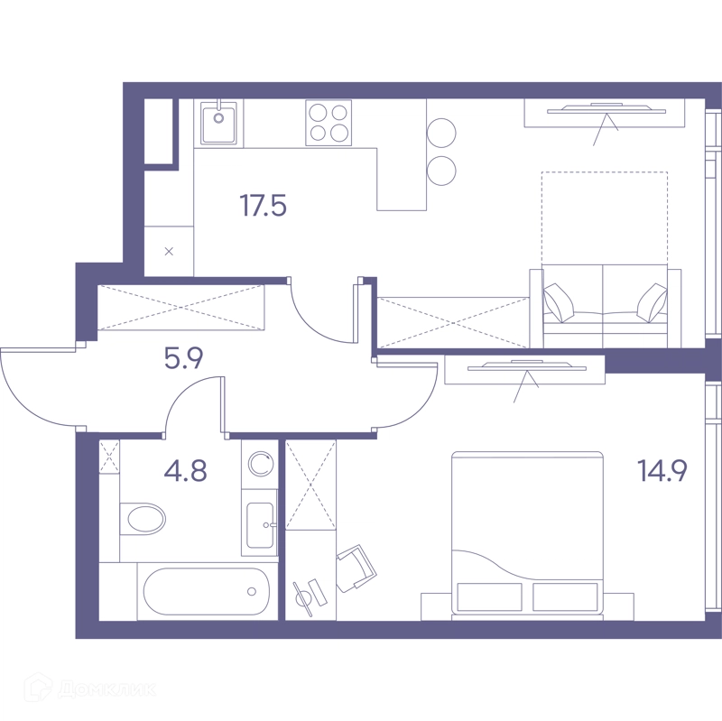 1-комнатная квартира 43.1 м² ЛОТ от Аквилон