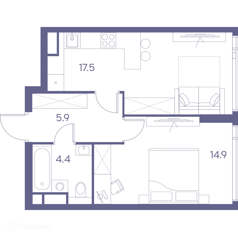 1-комнатная квартира 42.7 м² ЛОТ от Аквилон