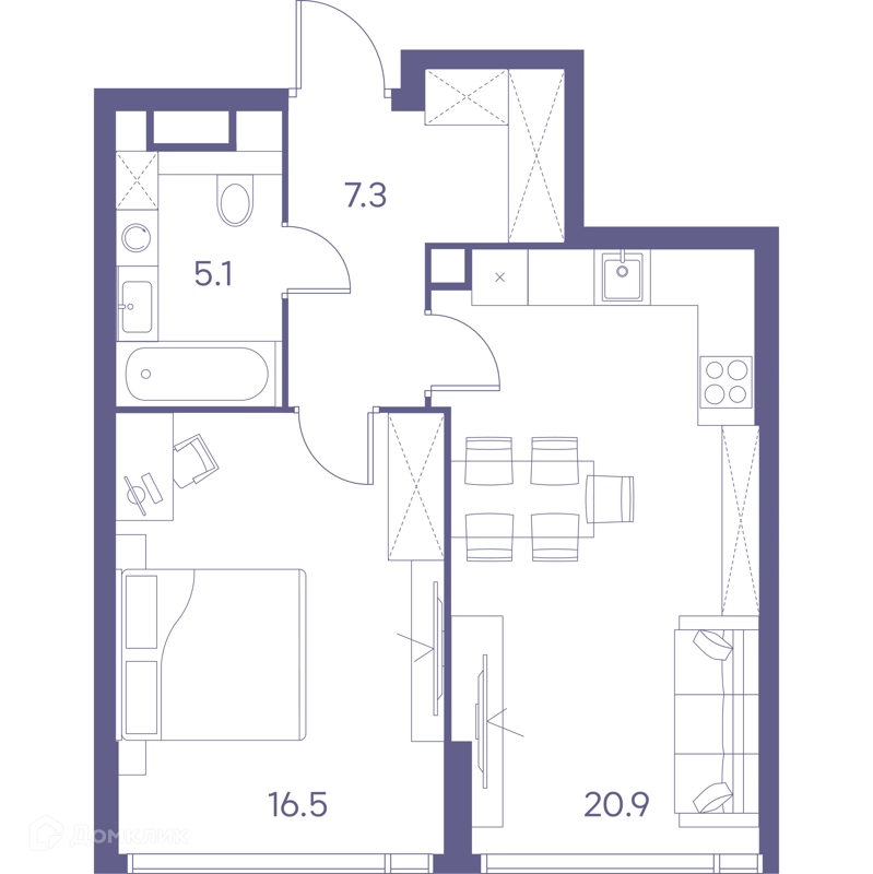 1-комнатная квартира 49.8 м² ЛОТ от Аквилон