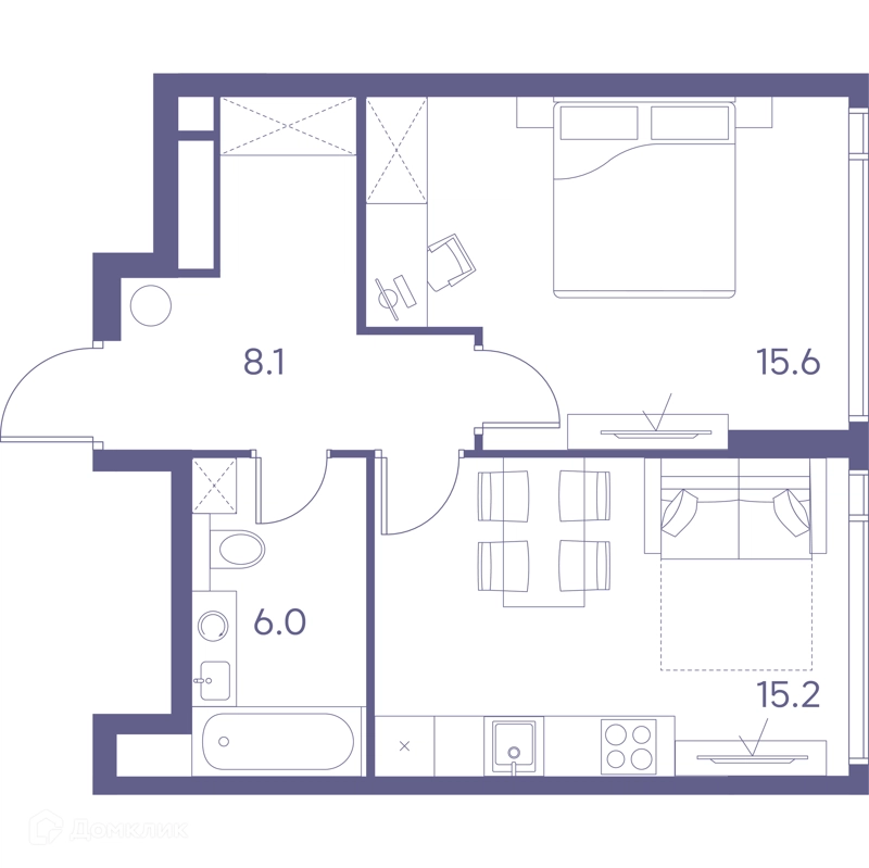 1-комнатная квартира 44.9 м² ЛОТ от Аквилон