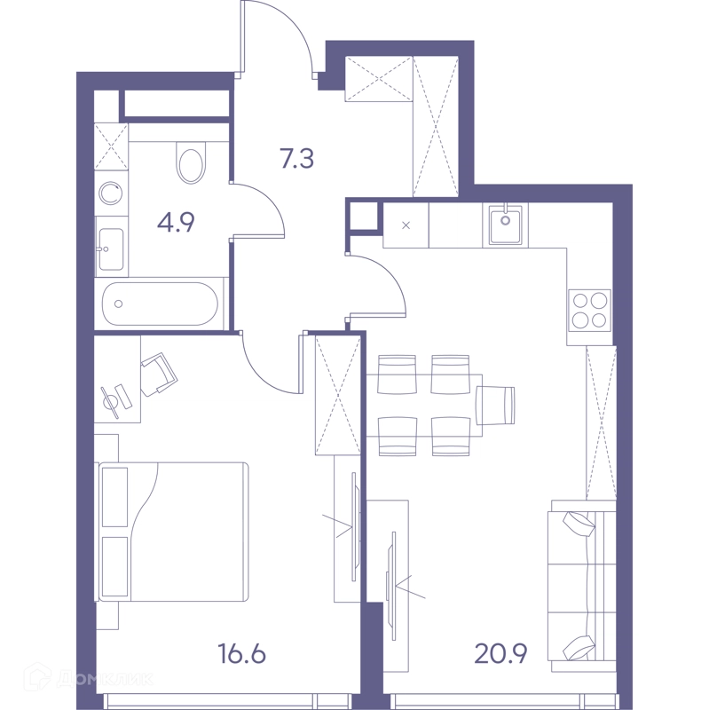 1-комнатная квартира 49.7 м² ЛОТ от Аквилон