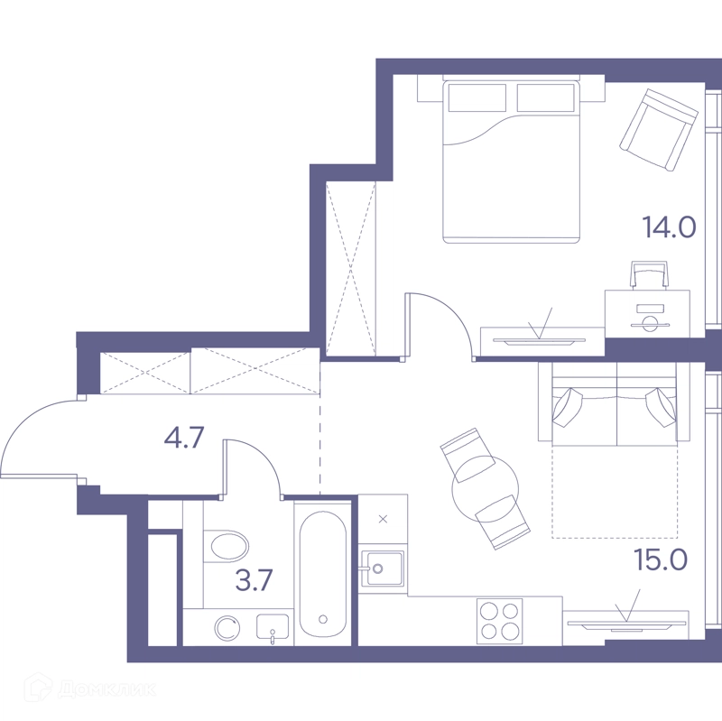 1-комнатная квартира 37.4 м² ЛОТ от Аквилон