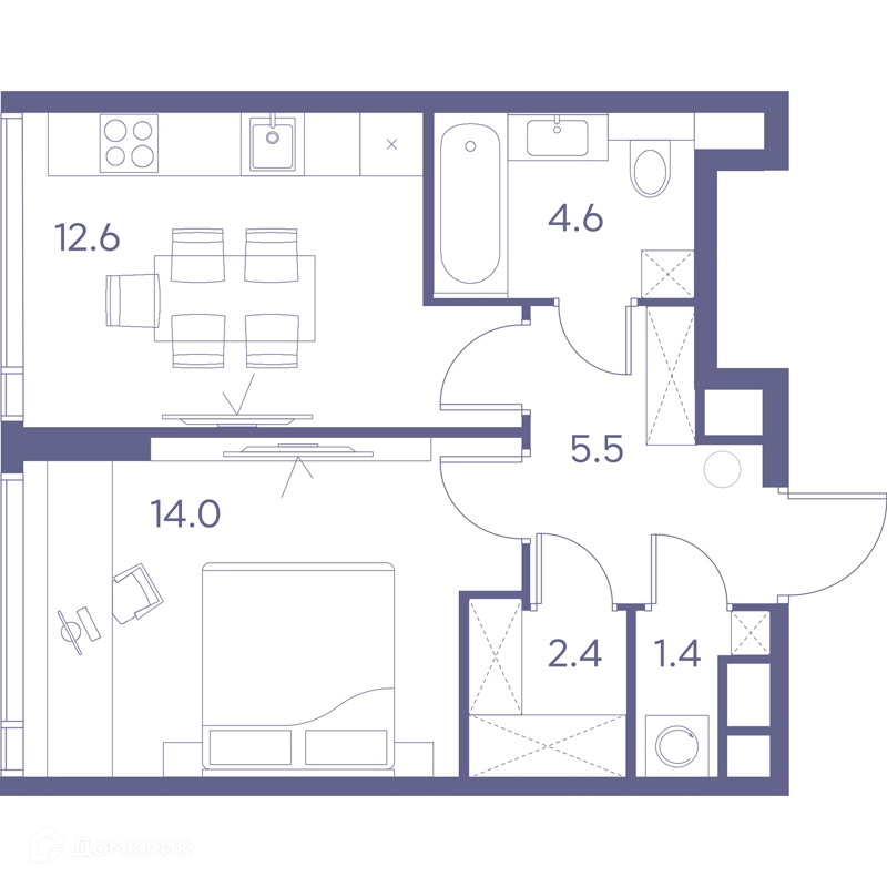 1-комнатная квартира 40.5 м² ЛОТ от Аквилон