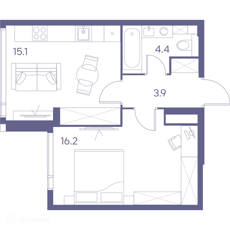 1-комнатная квартира 39.6 м² ЛОТ от Аквилон
