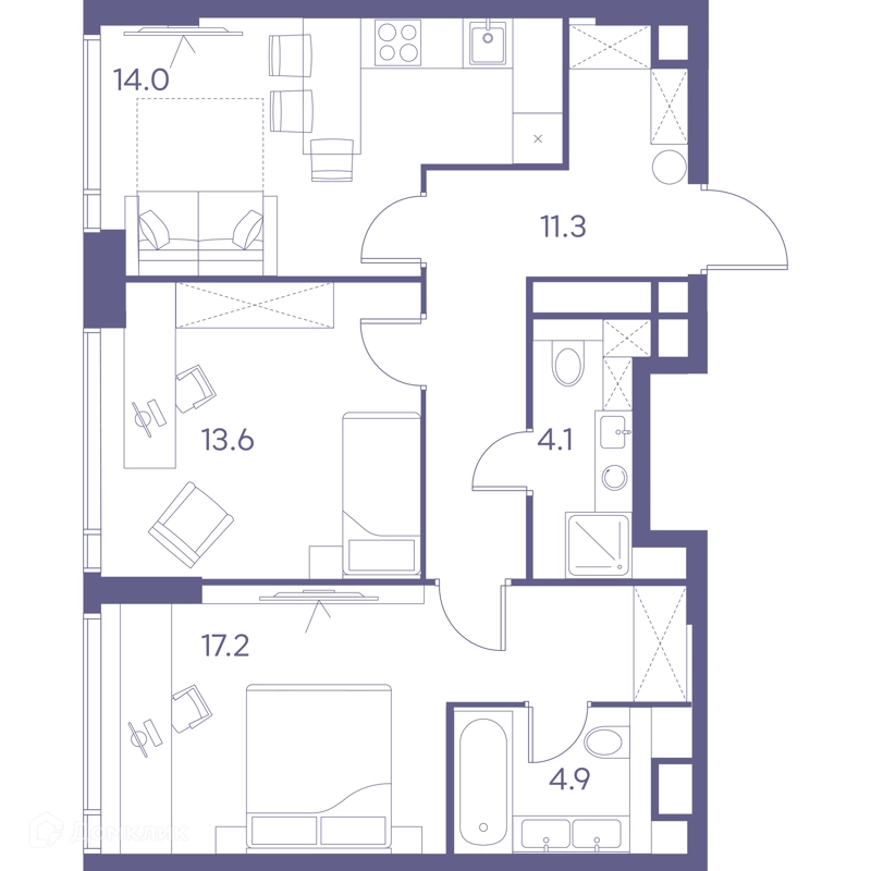 2-комнатная квартира 65.1 м² ЛОТ от Аквилон