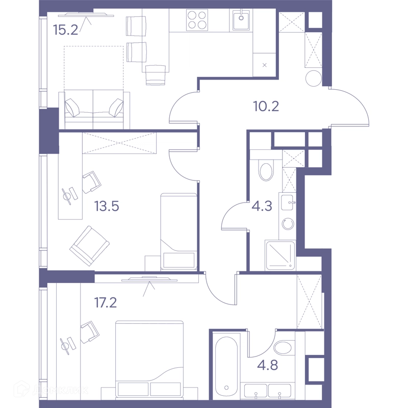 2-комнатная квартира 65.2 м² ЛОТ от Аквилон