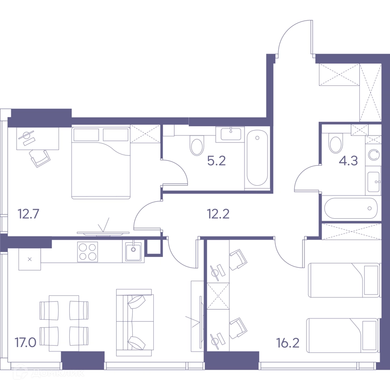 2-комнатная квартира 67.6 м² ЛОТ от Аквилон