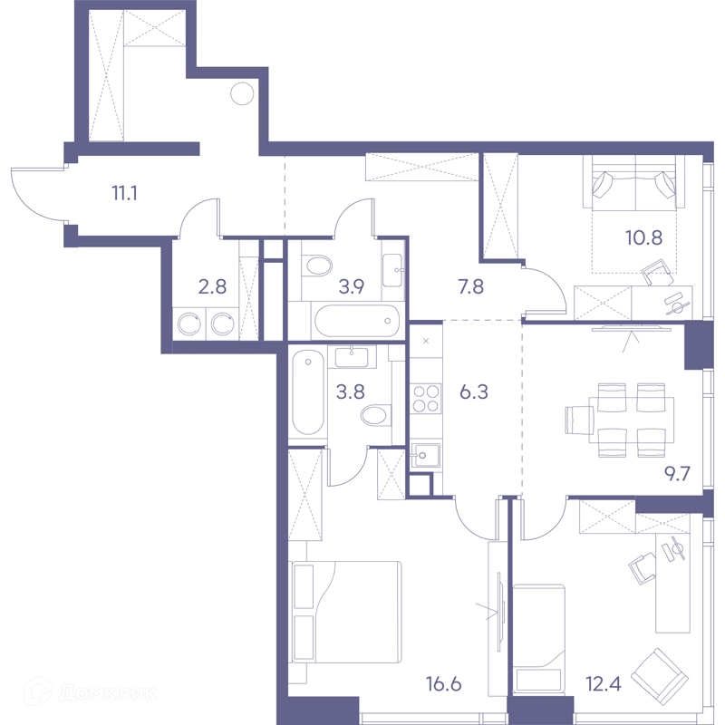 3-комнатная квартира 85.2 м² ЛОТ от Аквилон