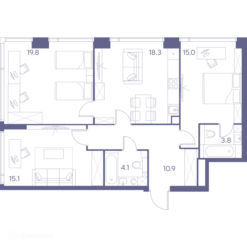 3-комнатная квартира 87 м² ЛОТ от Аквилон