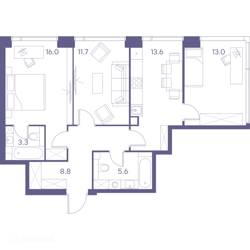 3-комнатная квартира 72 м² ЛОТ от Аквилон