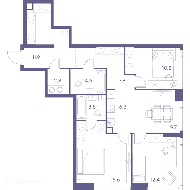 3-комнатная квартира 86.7 м² ЛОТ от Аквилон