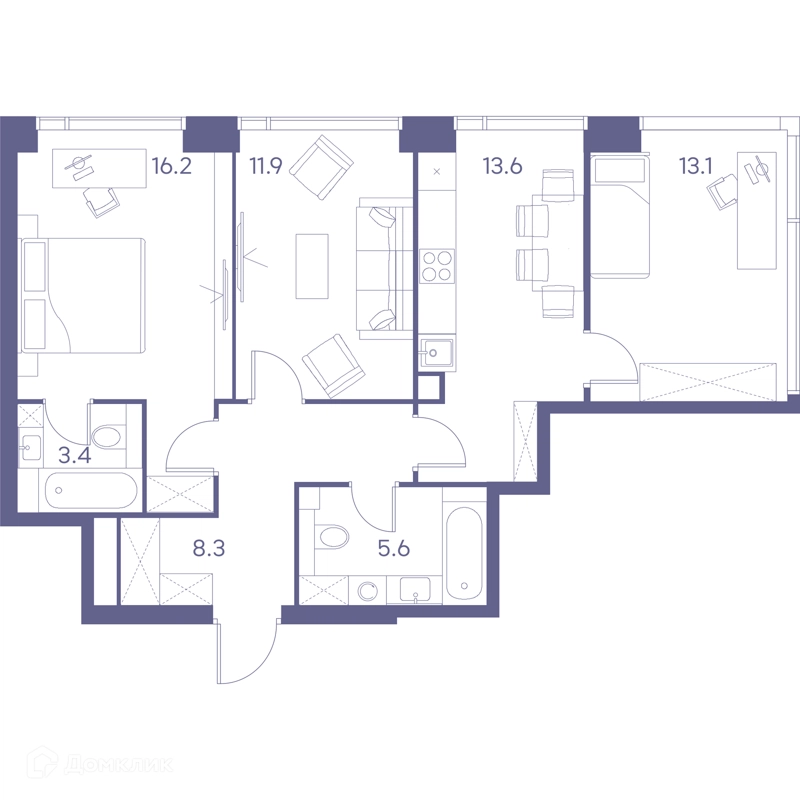 3-комнатная квартира 72.1 м² ЛОТ от Аквилон