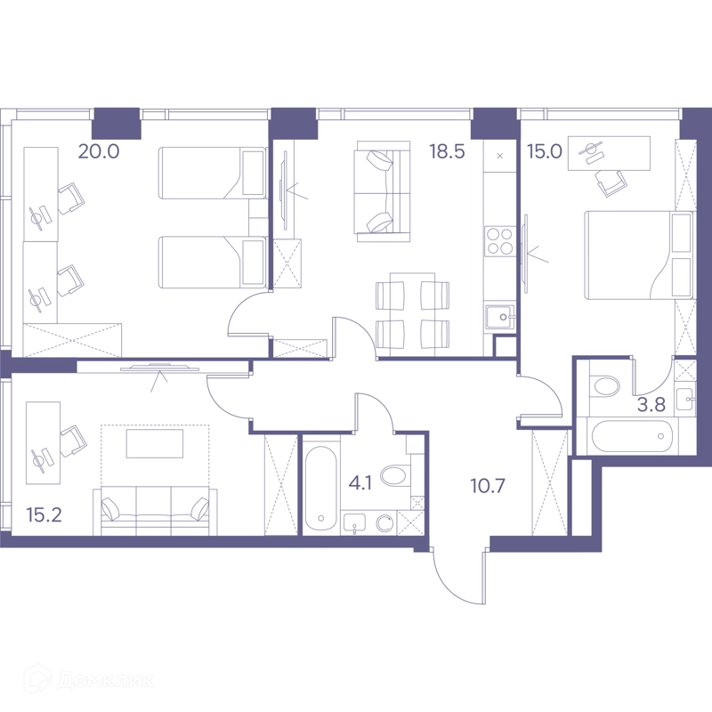 3-комнатная квартира 87.3 м² ЛОТ от Аквилон
