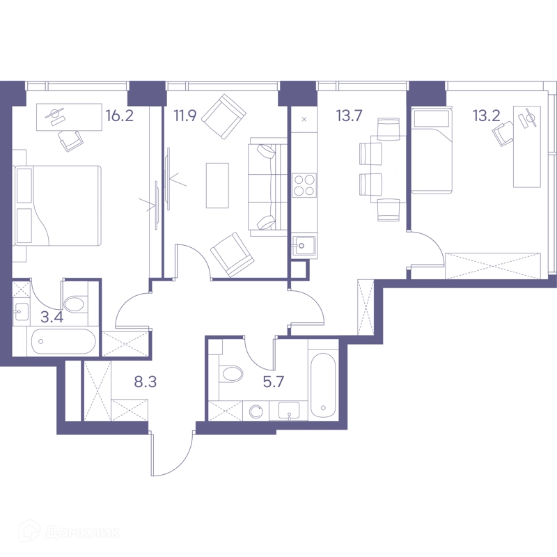 3-комнатная квартира 72.4 м² ЛОТ от Аквилон