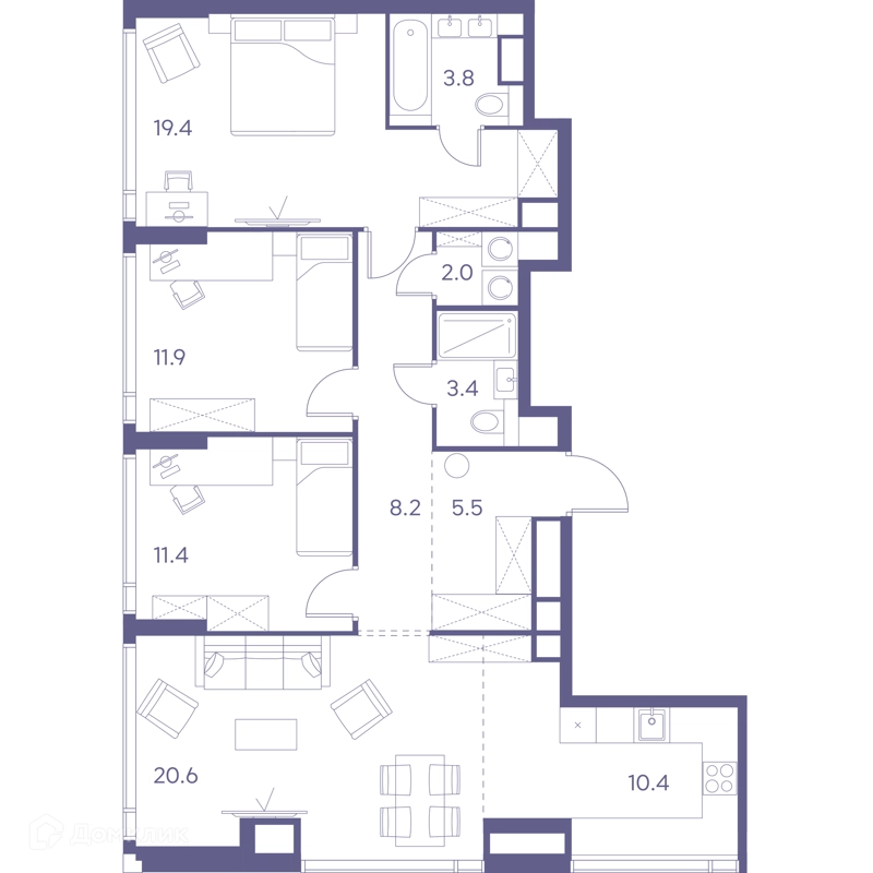 3-комнатная квартира 96.6 м² ЛОТ от Аквилон
