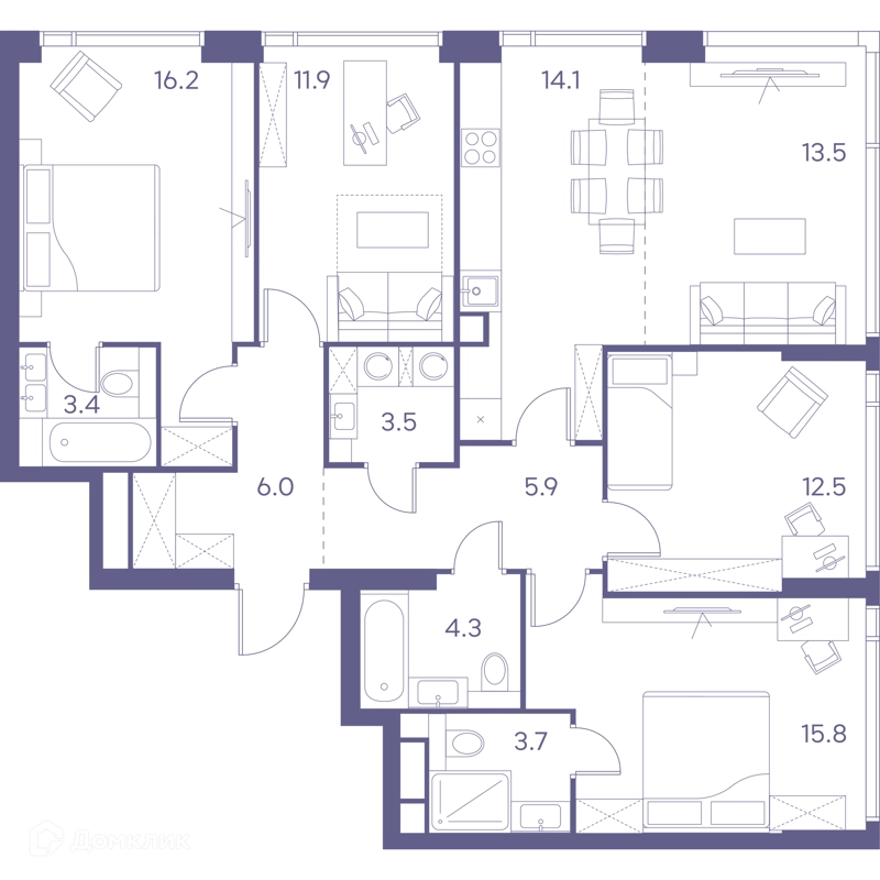 4-комнатная квартира 110.8 м² ЛОТ от Аквилон