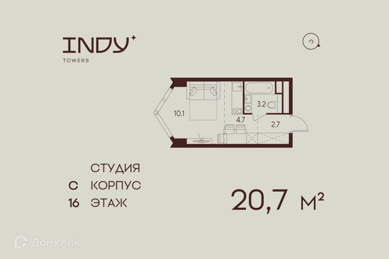 Студия 20.7 м² Инди Тауэрз от Аквилон