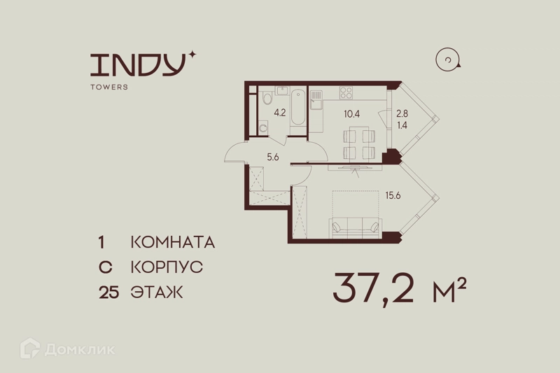 1-комнатная квартира 37.2 м² Инди Тауэрз от Аквилон