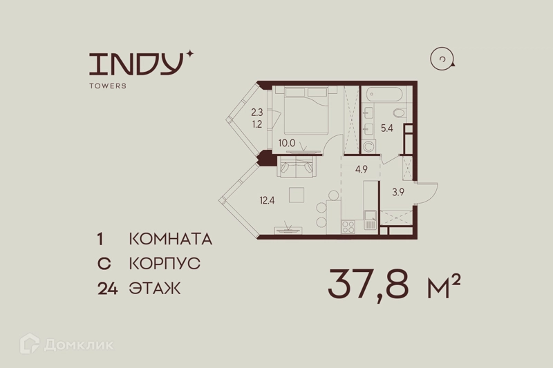 1-комнатная квартира 37.8 м² Инди Тауэрз от Аквилон