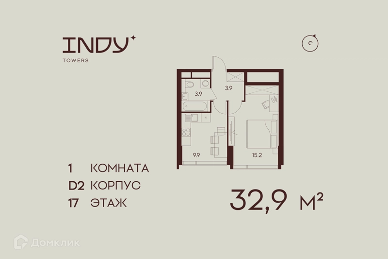 1-комнатная квартира 32.9 м² Инди Тауэрз от Аквилон
