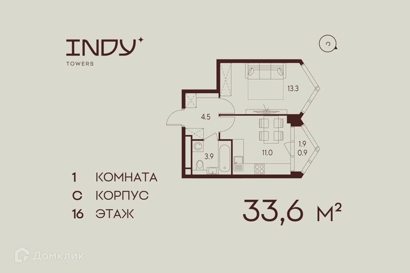 1-комнатная квартира 33.6 м² Инди Тауэрз от Аквилон