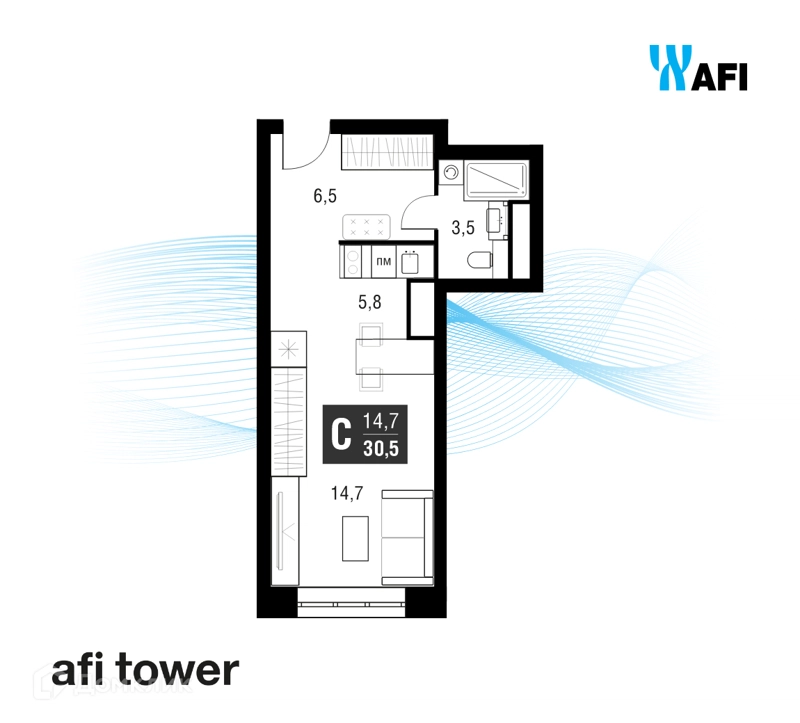 Студия 30.1 м² AFI Tower