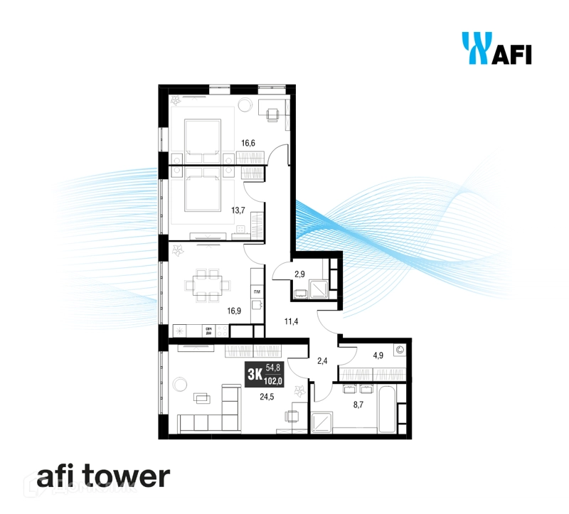 3-комнатная квартира 102.1 м² AFI Tower