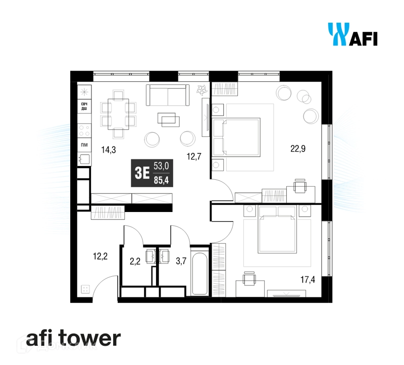 3-комнатная квартира 85.3 м² AFI Tower
