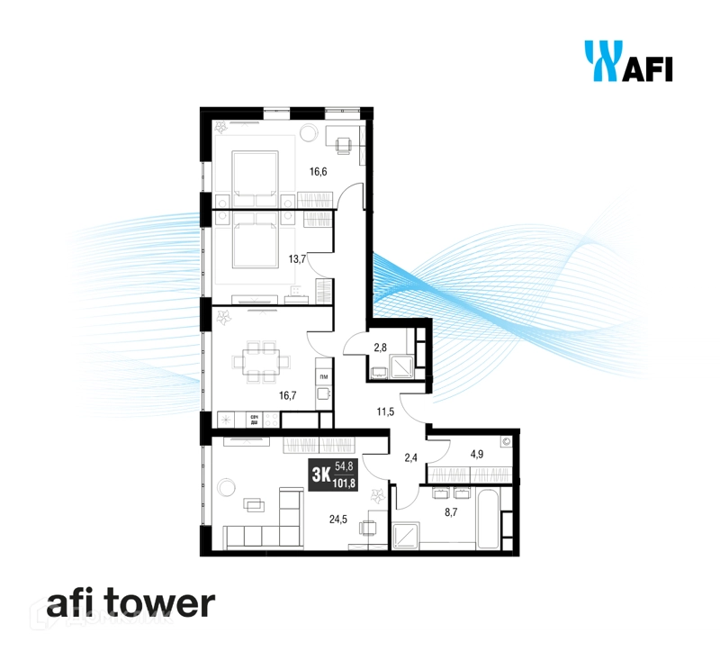 3-комнатная квартира 102 м² AFI Tower