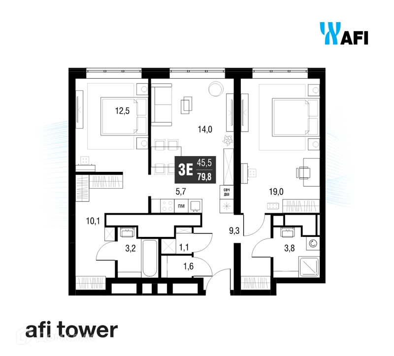 3-комнатная квартира 79.5 м² AFI Tower