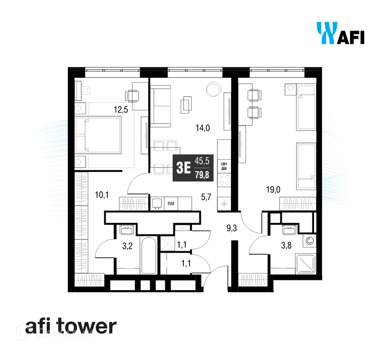 3-комнатная квартира 79.6 м² AFI Tower