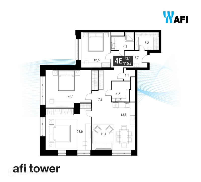 4-комнатная квартира 115.4 м² AFI Tower