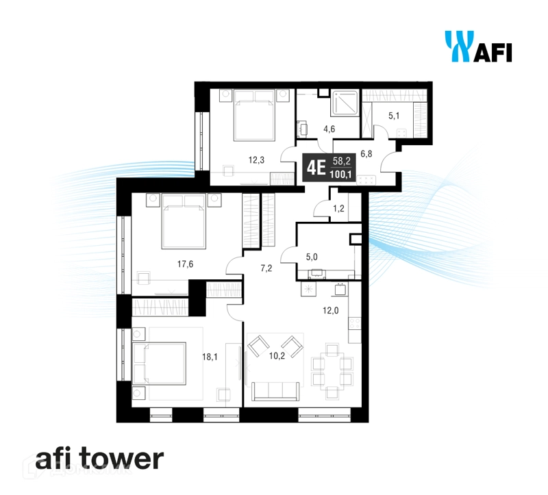 4-комнатная квартира 100.4 м² AFI Tower