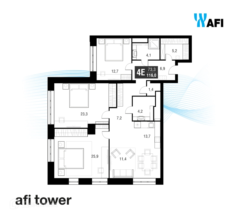 4-комнатная квартира 115.5 м² AFI Tower