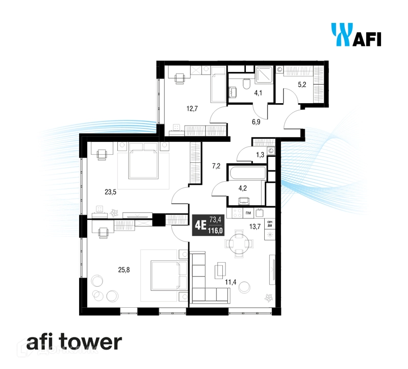 4-комнатная квартира 115.6 м² AFI Tower
