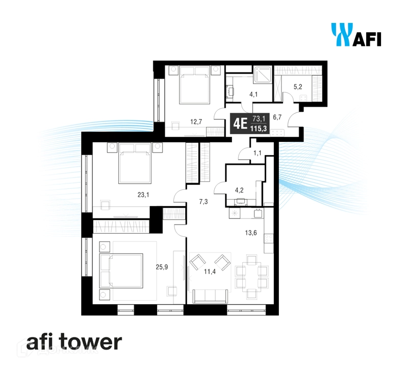 4-комнатная квартира 115.1 м² AFI Tower