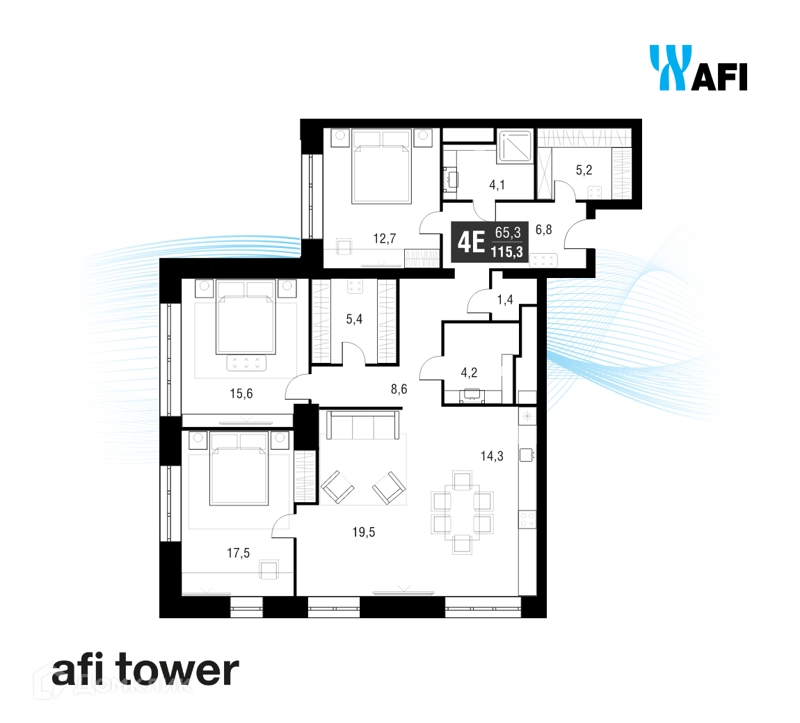 4-комнатная квартира 115.3 м² AFI Tower