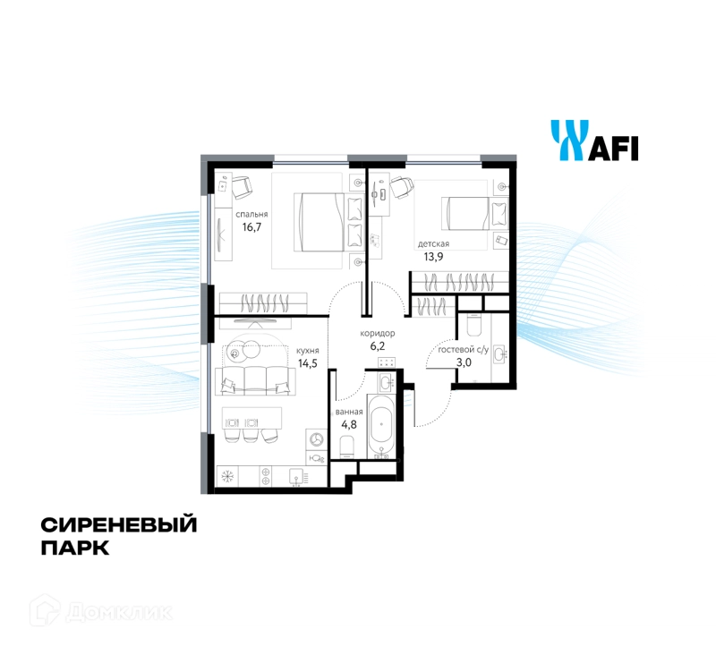 2-комнатная квартира 58.4 м² Сиреневый парк