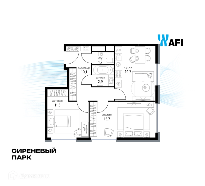 2-комнатная квартира 56.4 м² Сиреневый парк