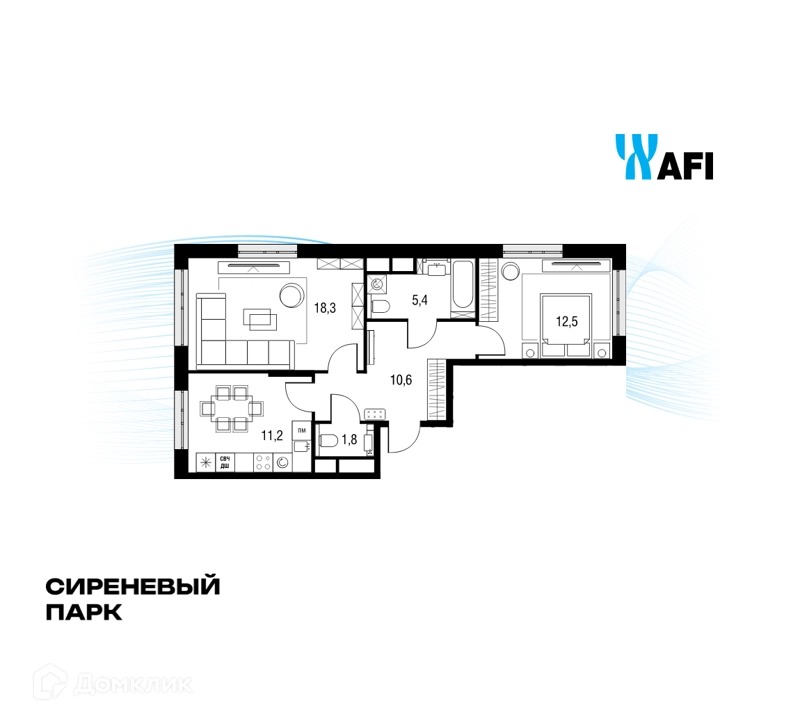 2-комнатная квартира 60 м² Сиреневый парк