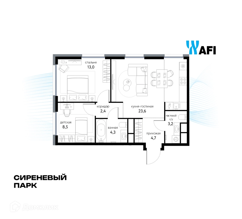 3-комнатная квартира 59.7 м² Сиреневый парк