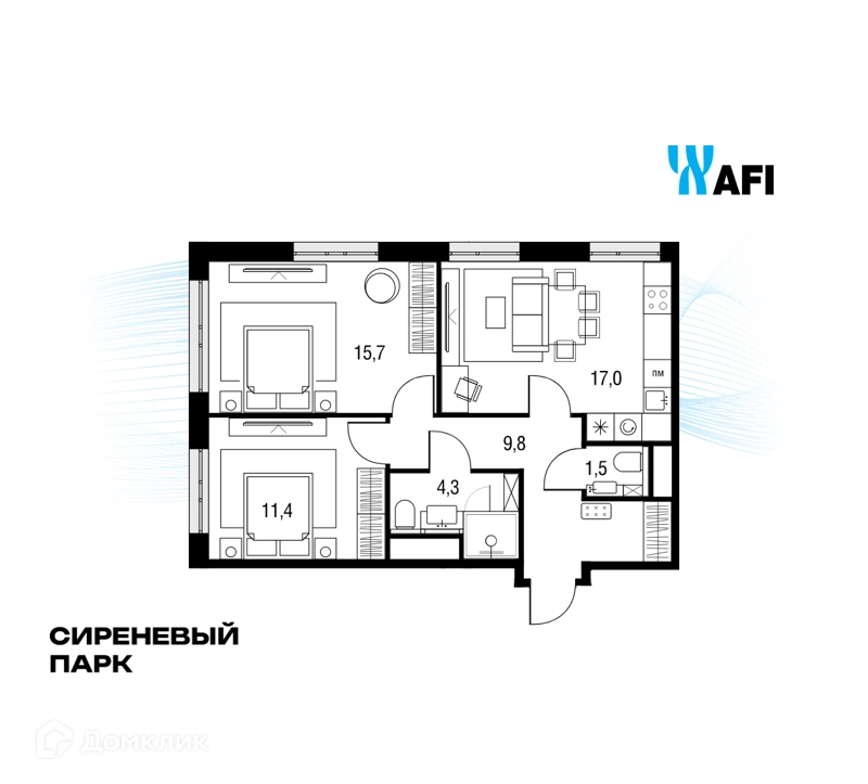3-комнатная квартира 59.8 м² Сиреневый парк