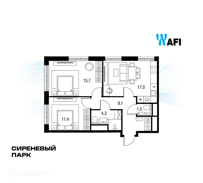 3-комнатная квартира 58.9 м² Сиреневый парк