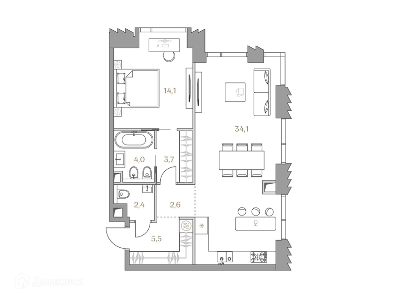 1-комнатная квартира 66.4 м² Коллекция Лужники