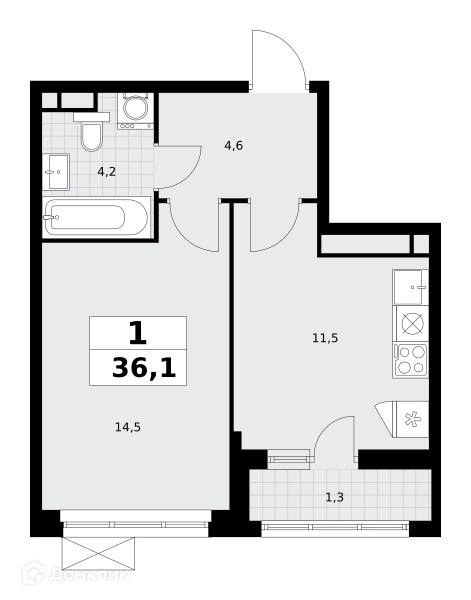 1-комнатная квартира 36.1 м² Родные кварталы