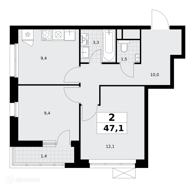 2-комнатная квартира 47.1 м² Родные кварталы